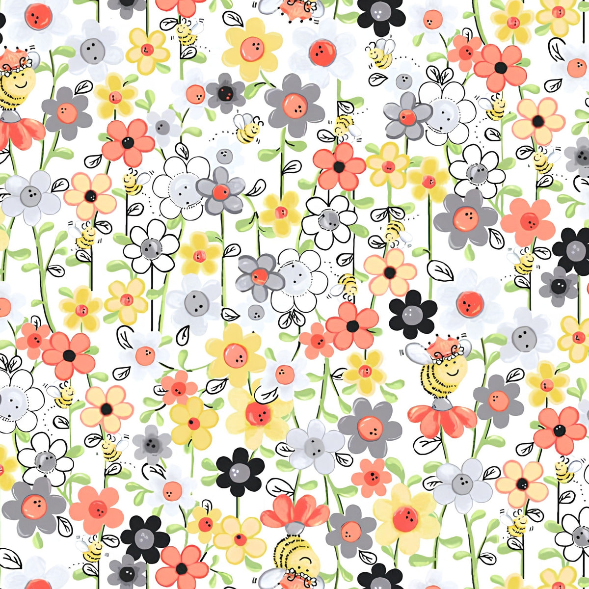Small flowers and yellow bees on white fabric for quilt borders fabric baskets zip pouches and tote bag linings