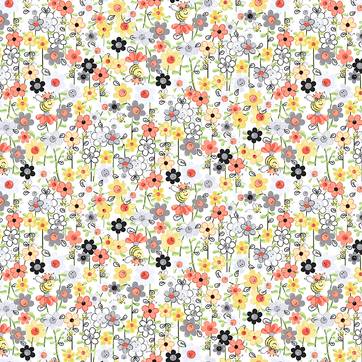 Small flowers and yellow bees on white fabric for quilt borders fabric baskets zip pouches and tote bag linings