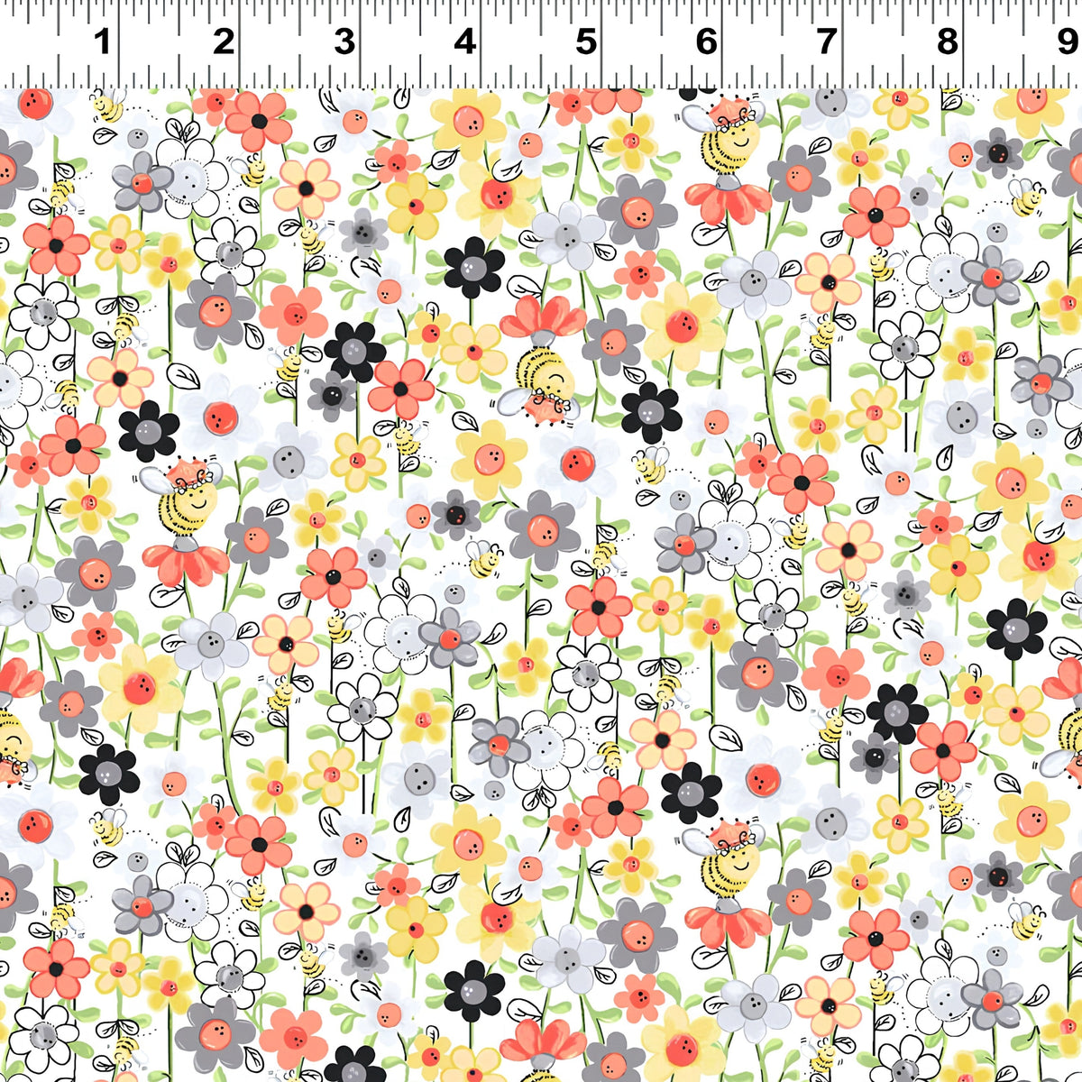 Small flowers and yellow bees on white fabric for quilt borders fabric baskets zip pouches and tote bag linings