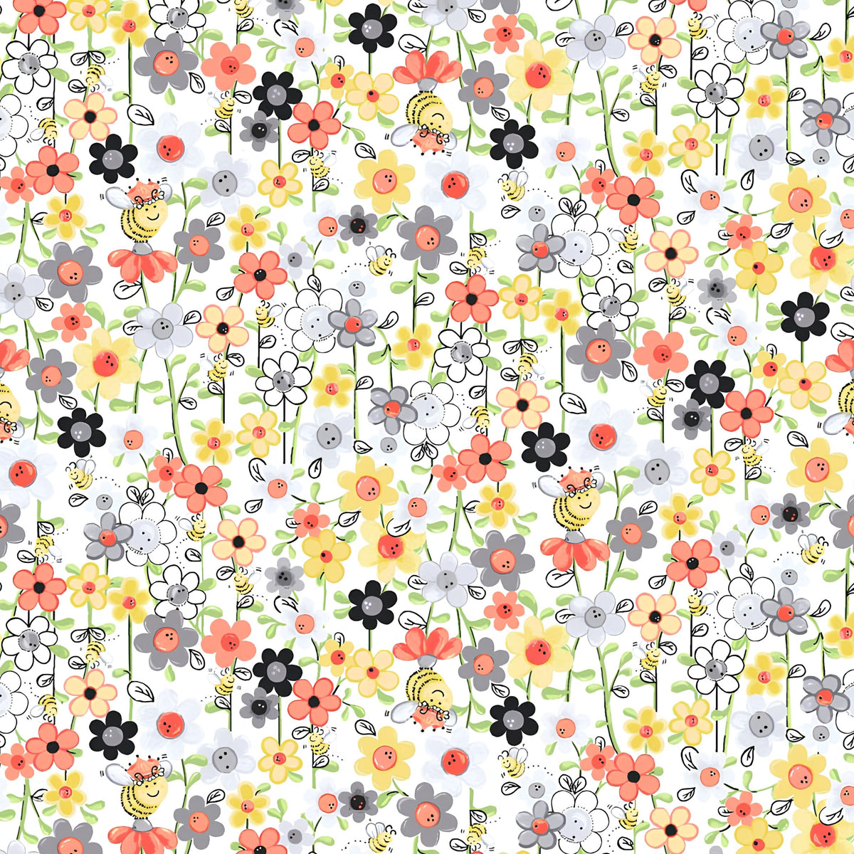 Small flowers and yellow bees on white fabric for quilt borders fabric baskets zip pouches and tote bag linings