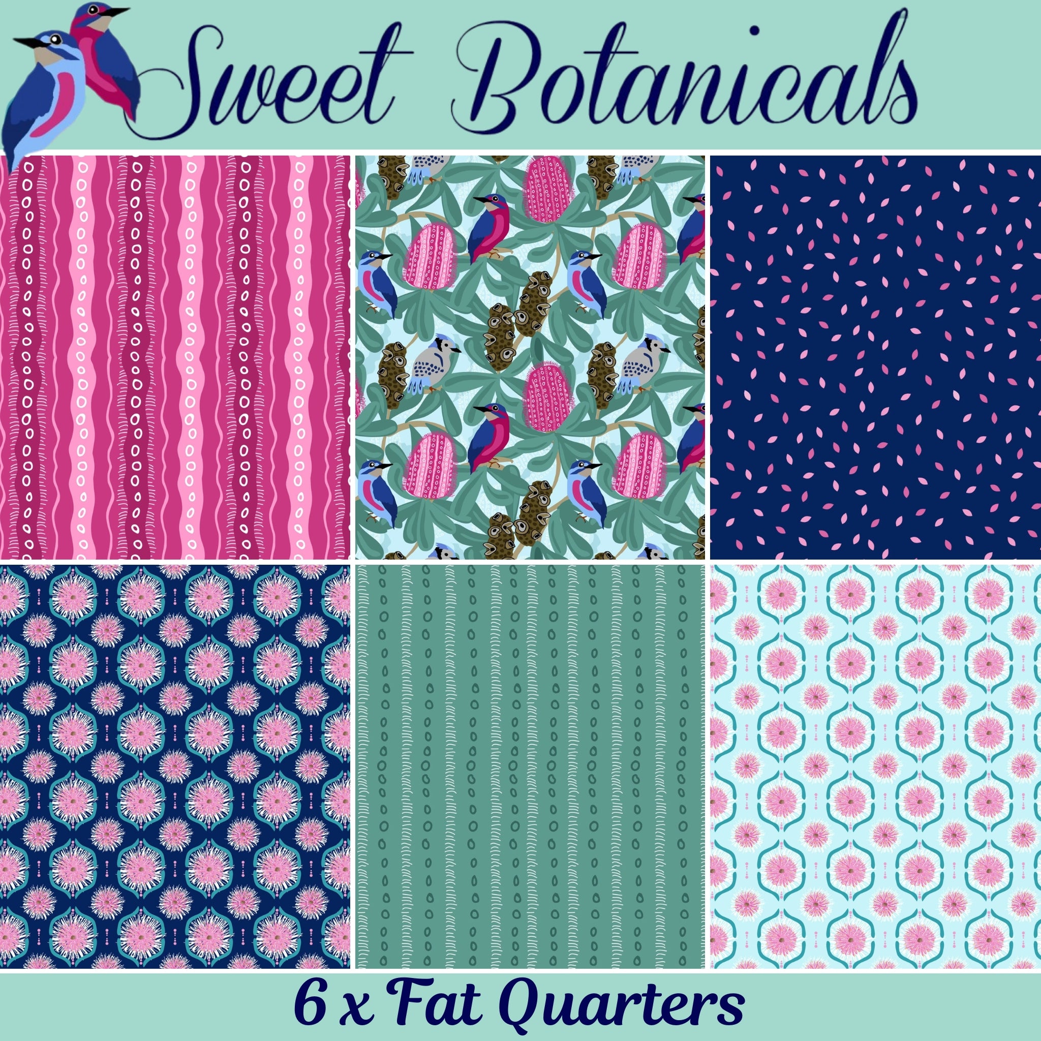 Australiana native birds banksias gumnut blossoms navy pink aqua fabric fat quarter bundle for quilts and patchwork sewing projects