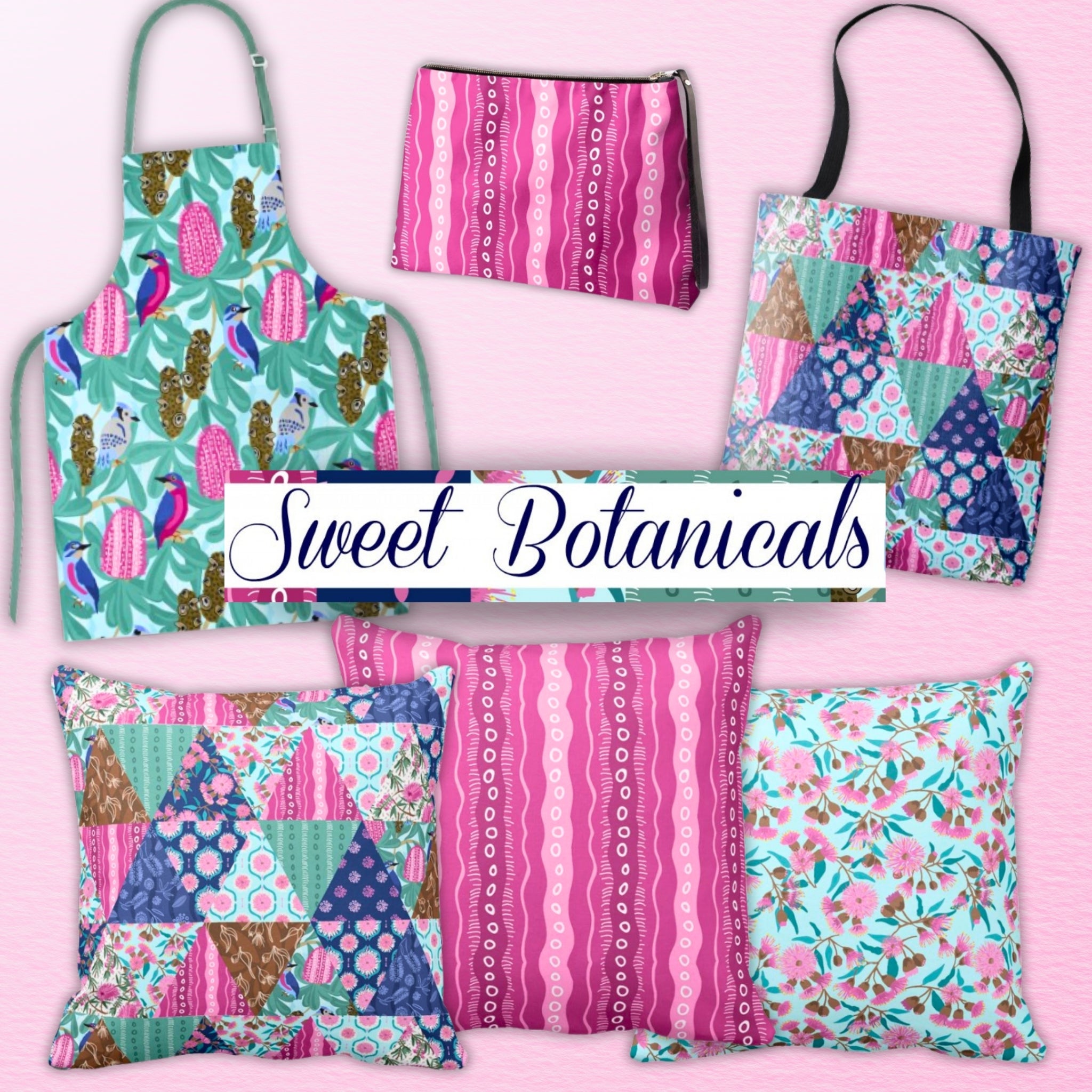 Sweet Botanicals fabric collection apron tote bag cushions zippered pouch sewing project inspiration