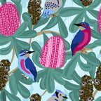 Native birds pink banksia blossoms gum nuts eucalyptus aqua fabric for Australian-themed quilts tote bags and cushions