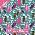 Native birds pink banksia blossoms gum nuts eucalyptus aqua fabric for Australian-themed quilts tote bags and cushions