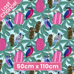 Native birds pink banksia blossoms gum nuts eucalyptus aqua fabric for Australian-themed quilts tote bags and cushions