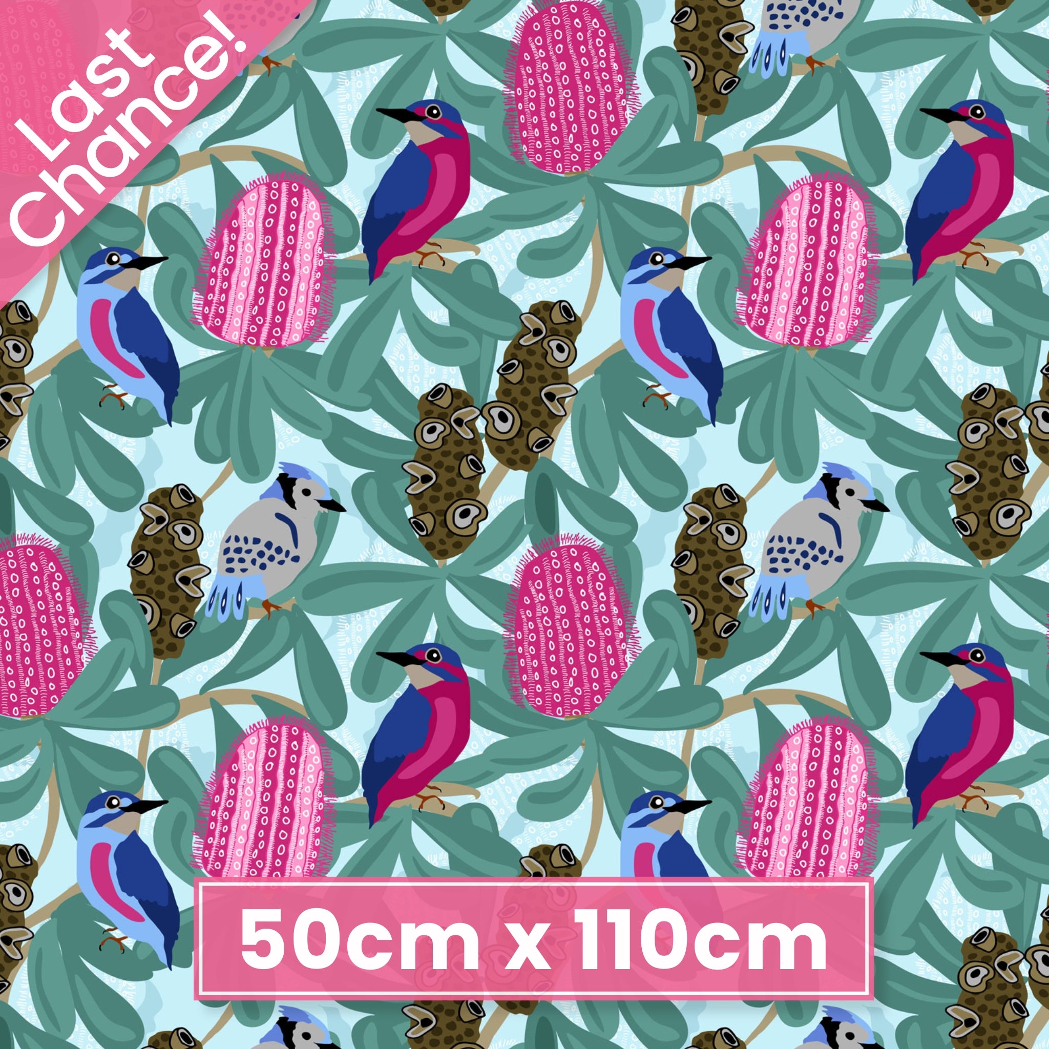 Native birds pink banksia blossoms gum nuts eucalyptus aqua fabric for Australian-themed quilts tote bags and cushions