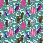 Native birds pink banksia blossoms gum nuts eucalyptus aqua fabric for Australian-themed quilts tote bags and cushions