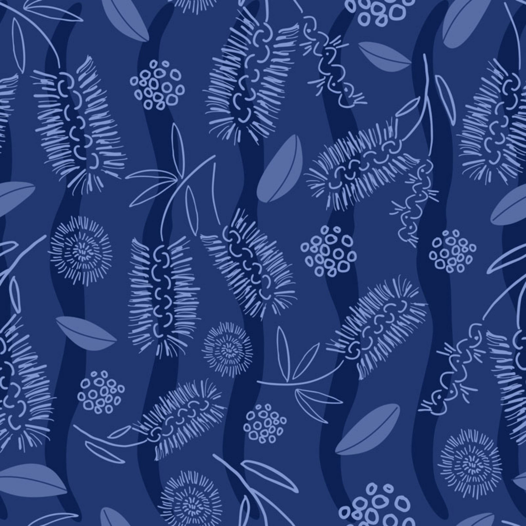 Bottlebrush blossoms eucalyptus leaves gum nuts tonal blue fabric for Australian-themed quilts tote bags and cushions