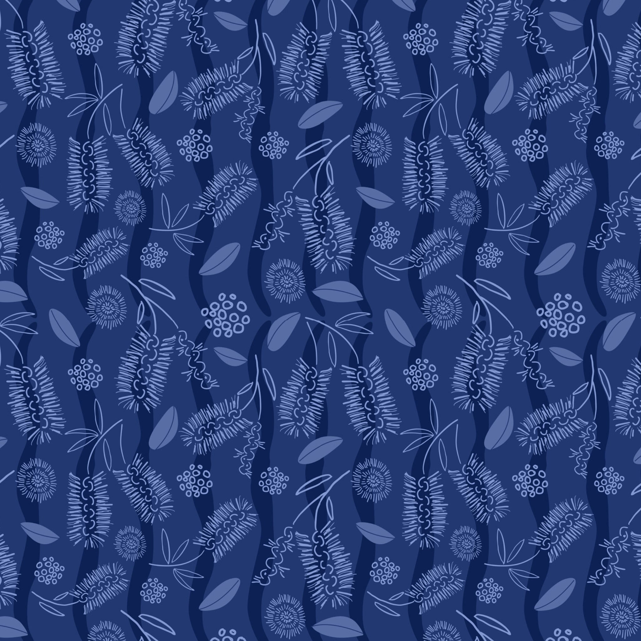 Bottlebrush blossoms eucalyptus leaves gum nuts tonal blue fabric for Australian-themed quilts tote bags and cushions
