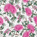 Pink bottlebrush blossoms eucalyptus leaves gum nuts white fabric for Australian-themed quilts tote bags and cushions