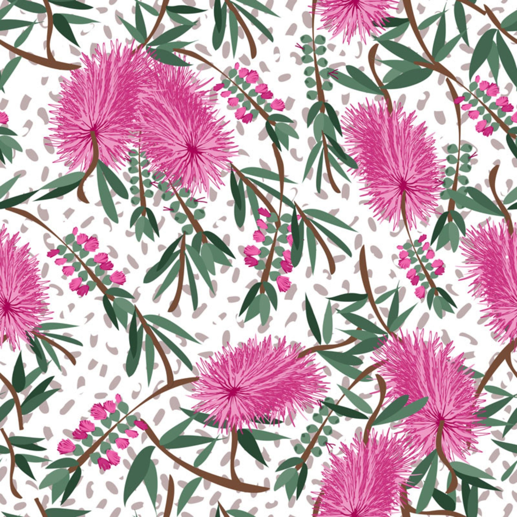 Pink bottlebrush blossoms eucalyptus leaves gum nuts white fabric for Australian-themed quilts tote bags and cushions