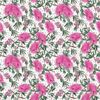 Pink bottlebrush blossoms eucalyptus leaves gum nuts white fabric for Australian-themed quilts tote bags and cushions