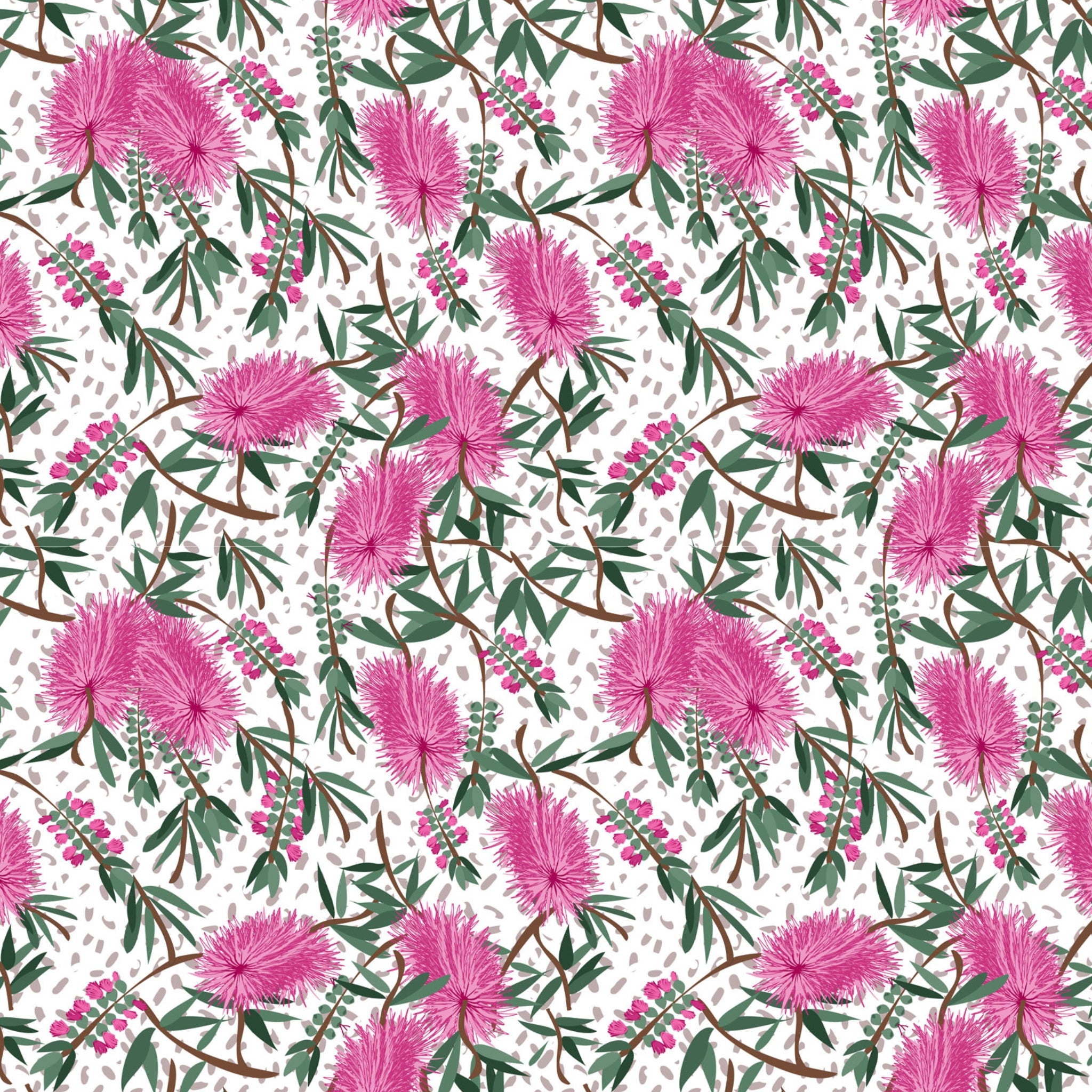 Pink bottlebrush blossoms eucalyptus leaves gum nuts white fabric for Australian-themed quilts tote bags and cushions