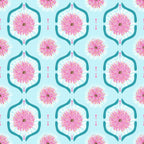 Pink gum blossoms teal geometric tiles light blue fabric for Australian-themed quilts tote bags and cushions