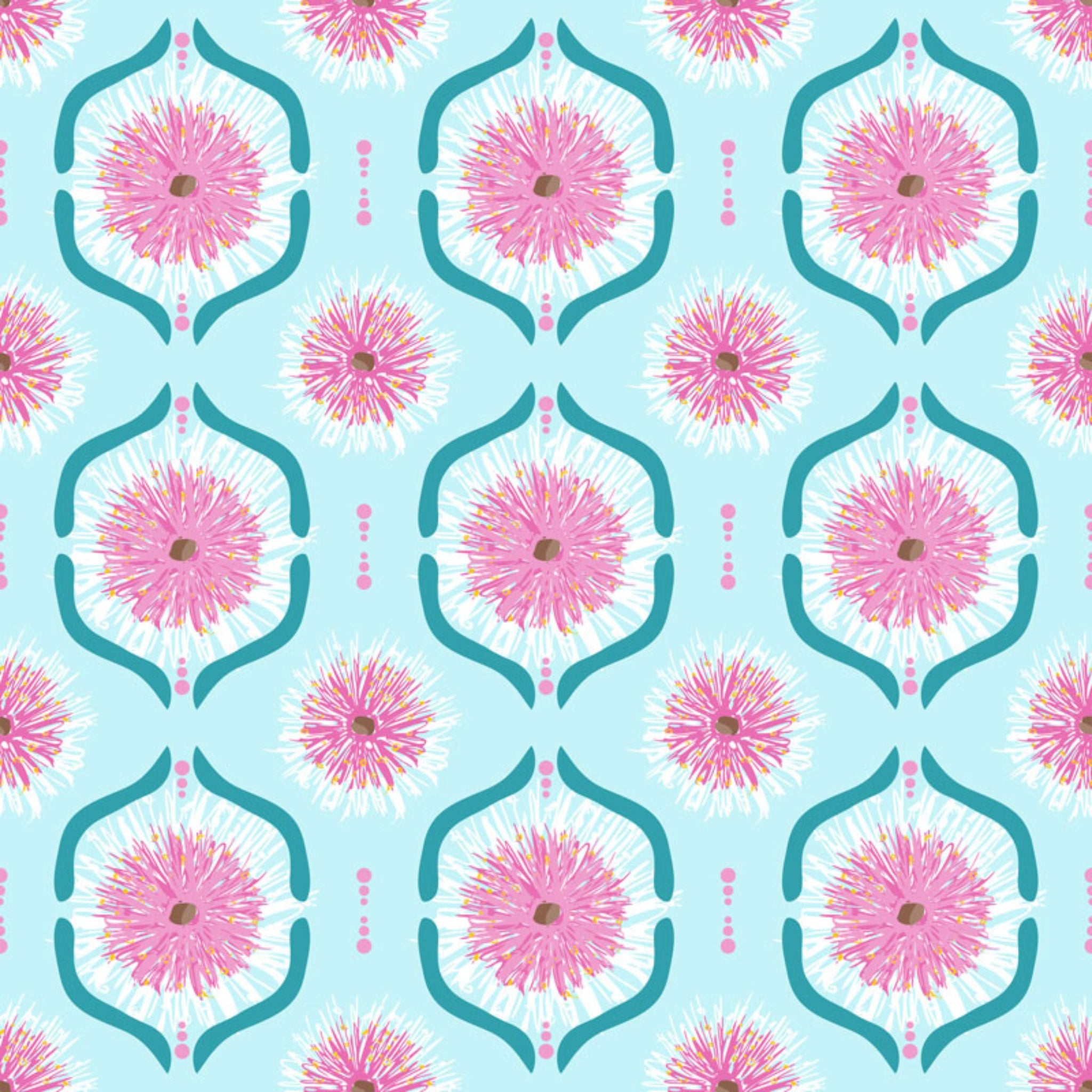 Pink gum blossoms teal geometric tiles light blue fabric for Australian-themed quilts tote bags and cushions