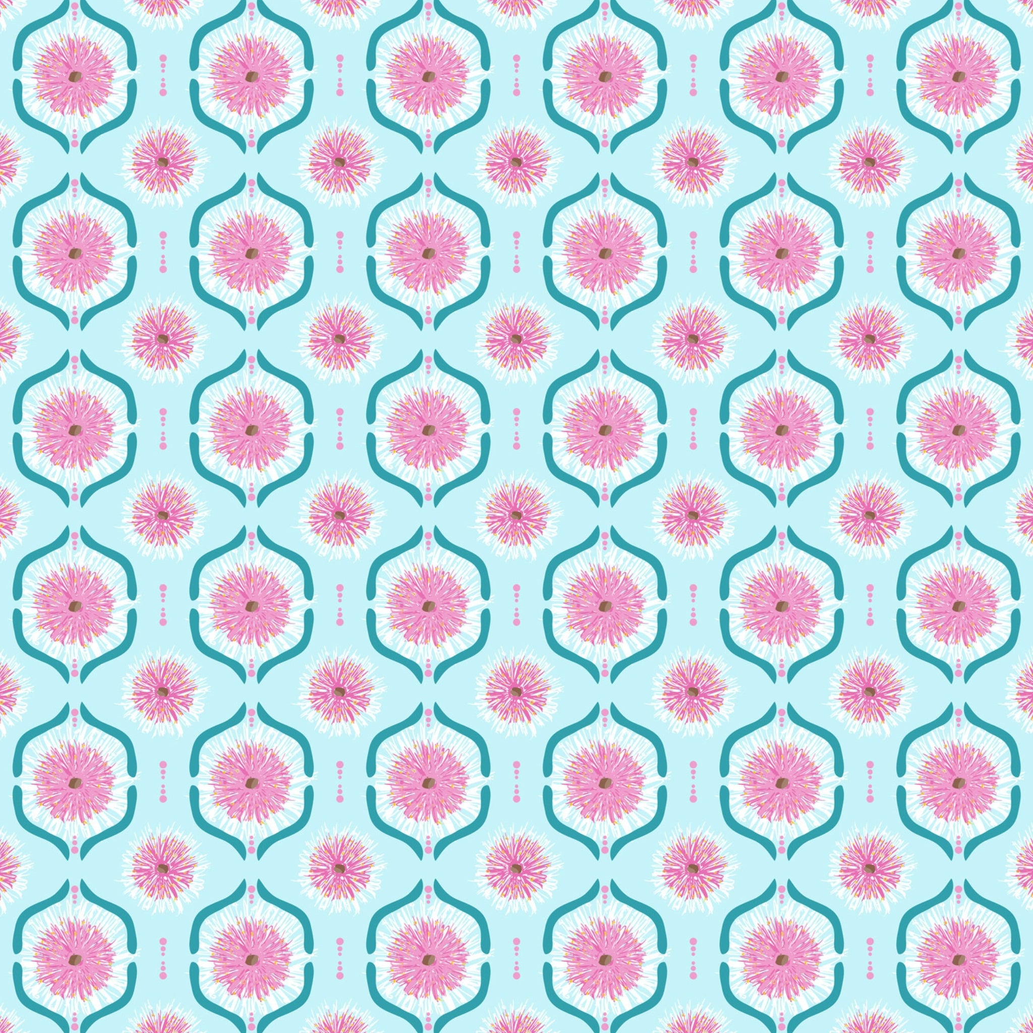 Pink gum blossoms teal geometric tiles light blue fabric for Australian-themed quilts tote bags and cushions