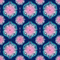 Pink gum blossoms teal geometric tiles navy fabric for Australian-themed quilts tote bags and cushions
