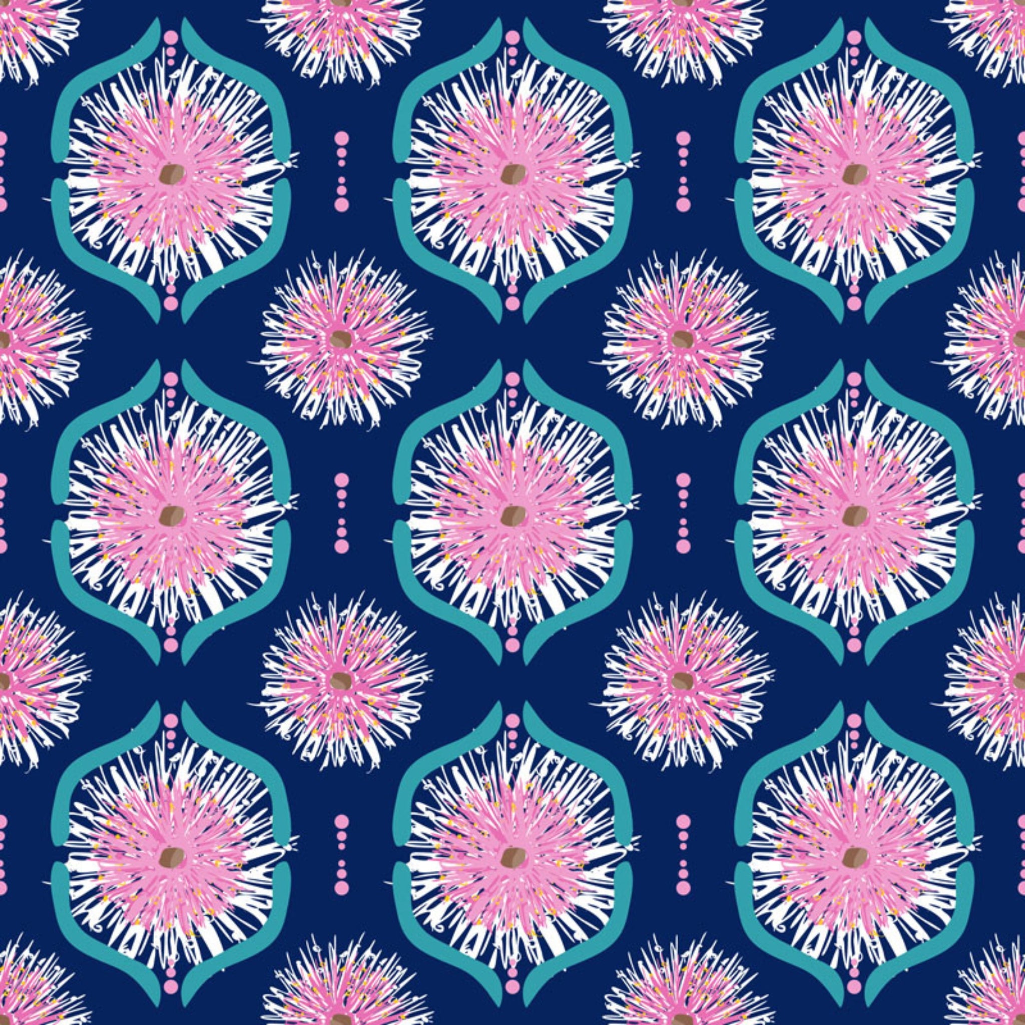Pink gum blossoms teal geometric tiles navy fabric for Australian-themed quilts tote bags and cushions