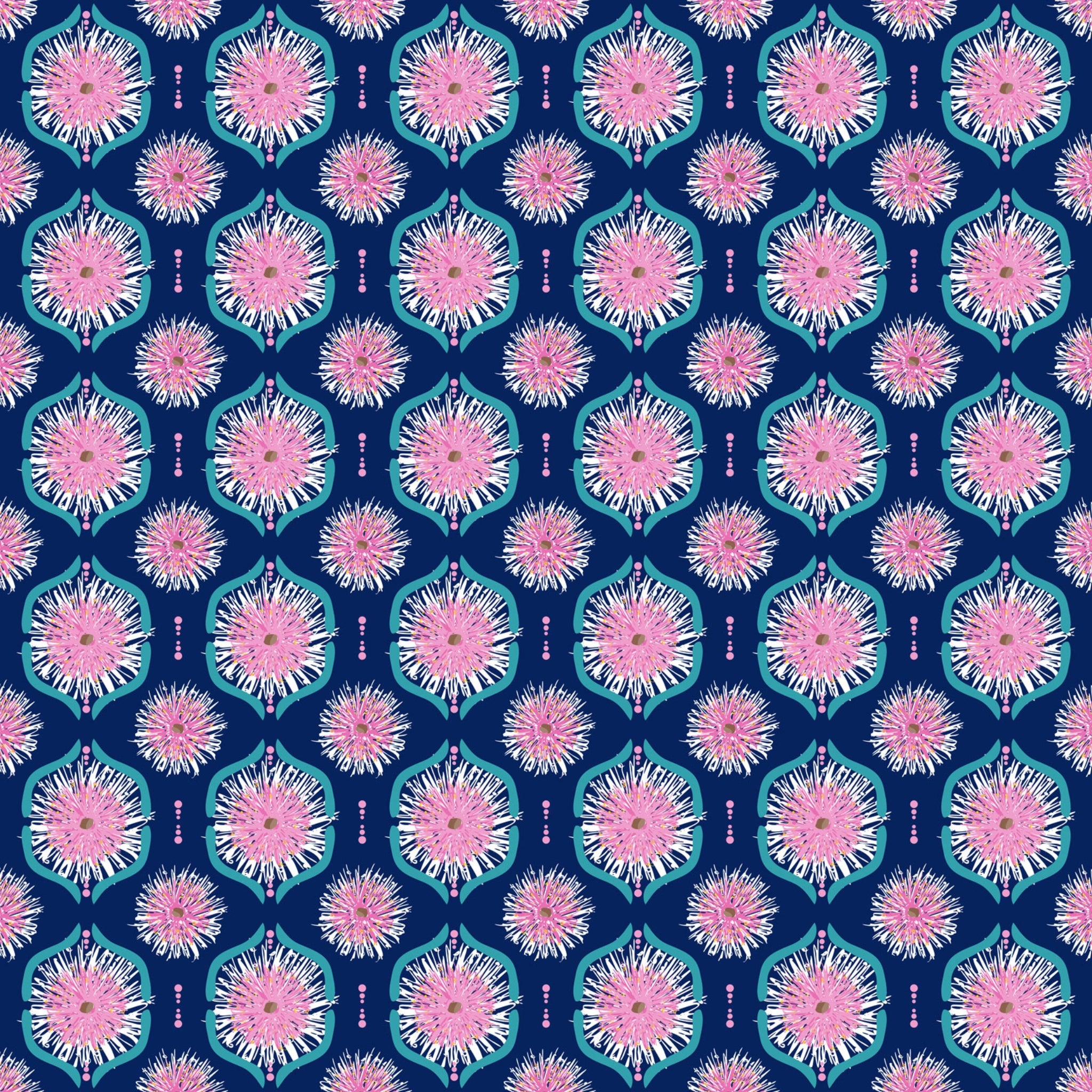Pink gum blossoms teal geometric tiles navy fabric for Australian-themed quilts tote bags and cushions