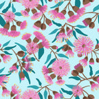 Pink gum blossoms eucalyptus leaves gum nuts light blue fabric for Australian-themed quilts tote bags and cushions