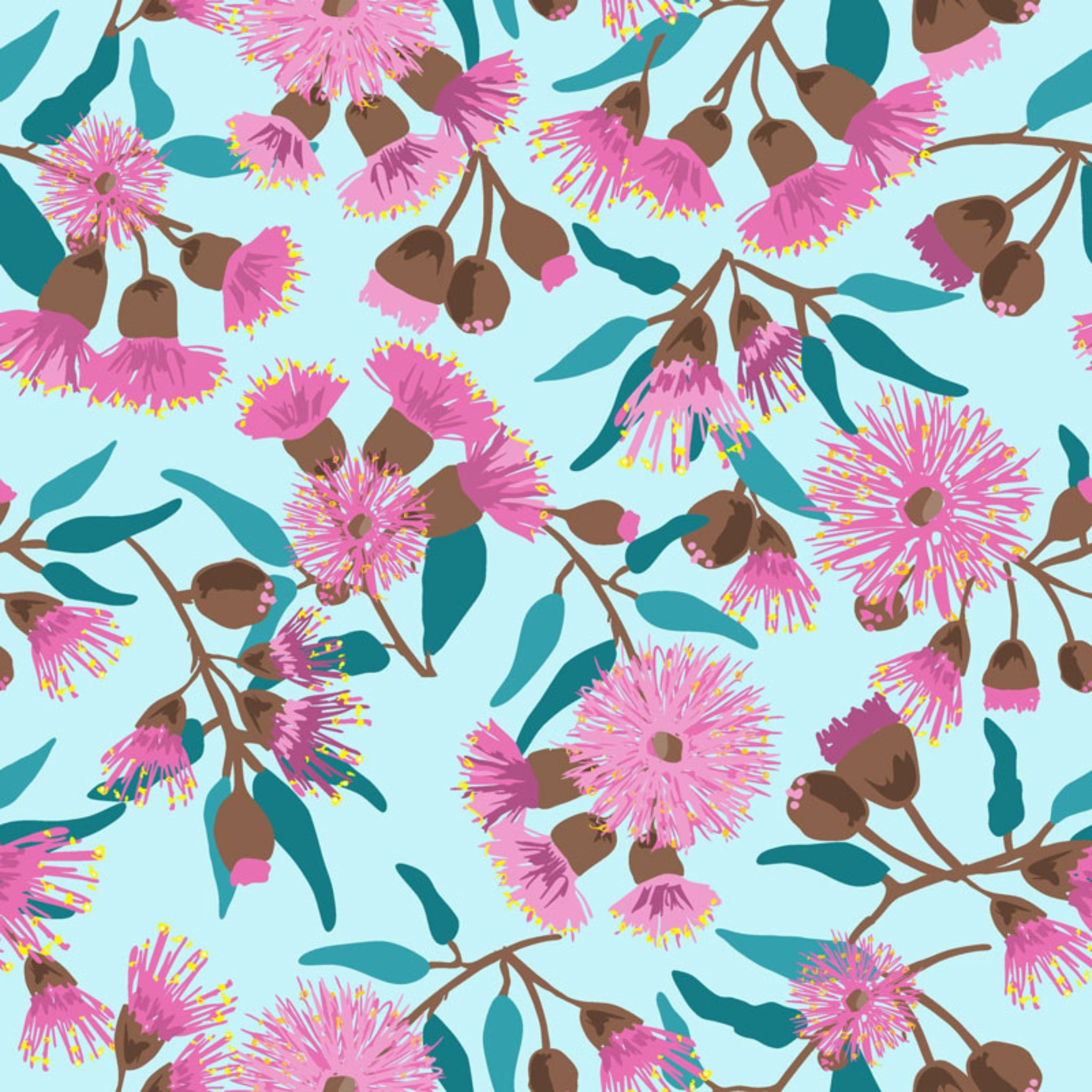 Pink gum blossoms eucalyptus leaves gum nuts light blue fabric for Australian-themed quilts tote bags and cushions