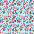 Pink gum blossoms eucalyptus leaves gum nuts light blue fabric for Australian-themed quilts tote bags and cushions