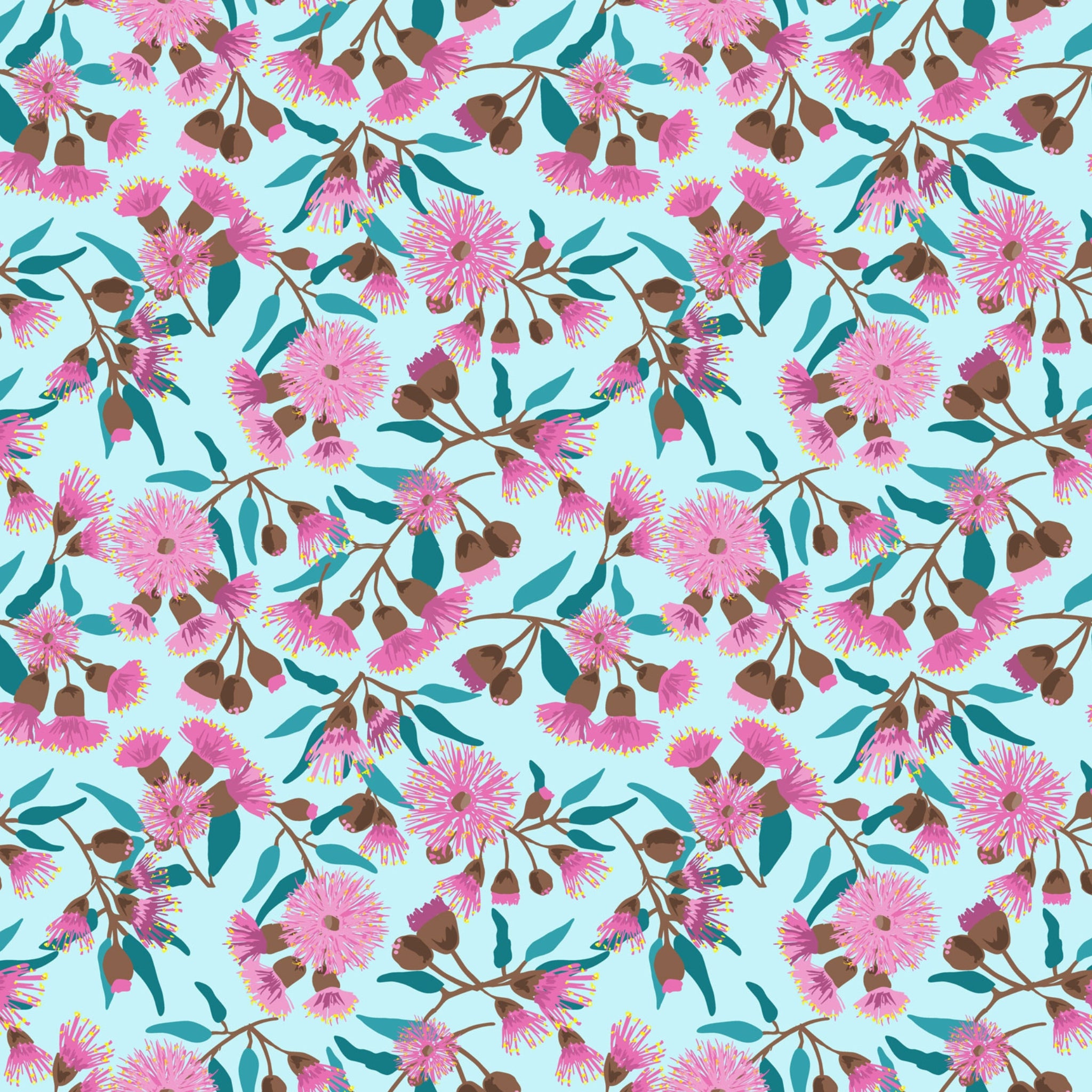 Pink gum blossoms eucalyptus leaves gum nuts light blue fabric for Australian-themed quilts tote bags and cushions