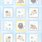 Baby sheep boxes pastel blue yellow grey periwinkle frames baby blue fabric for baby quilts cushions nursery décor and patchwork projects
