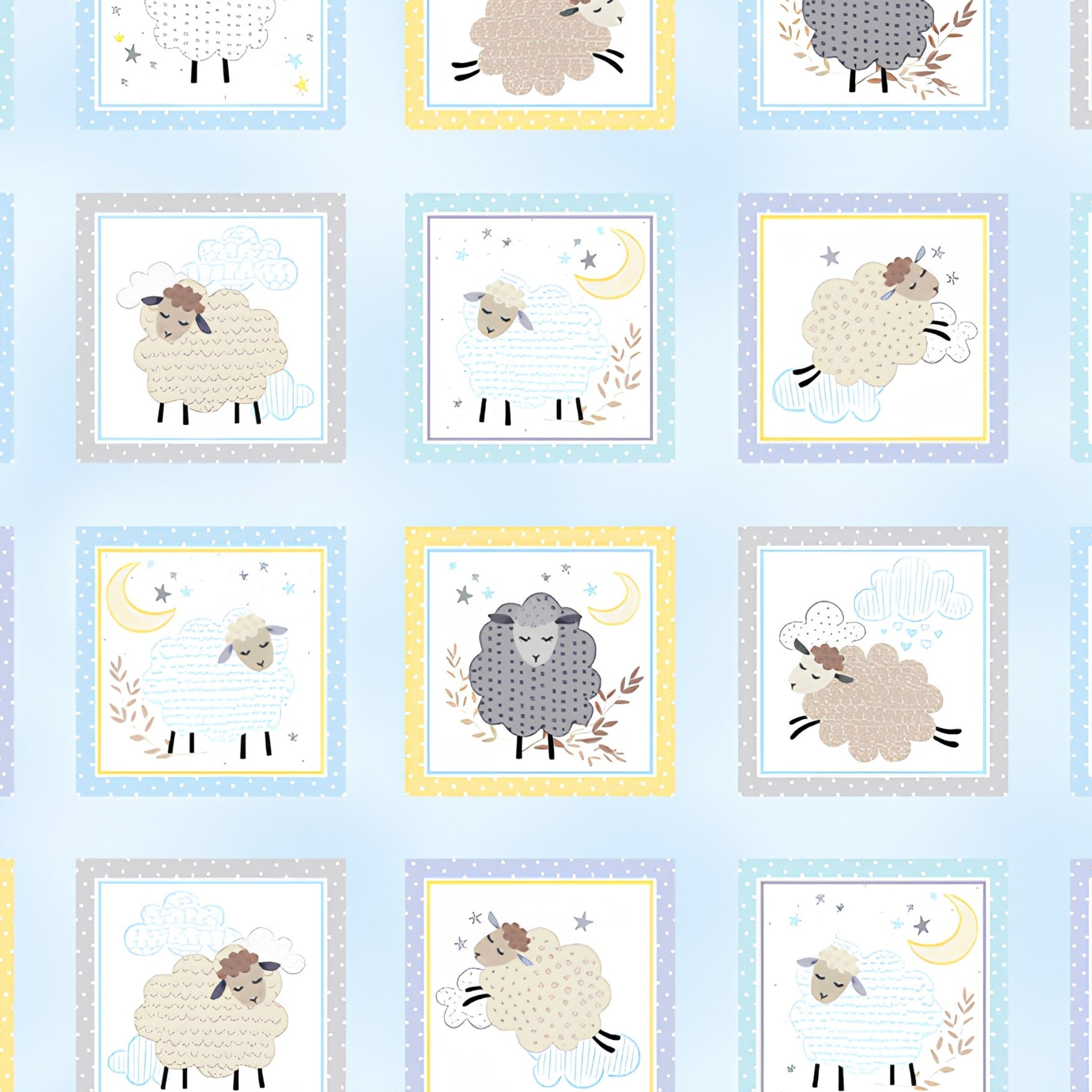 Baby sheep boxes pastel blue yellow grey periwinkle frames baby blue fabric for baby quilts cushions nursery décor and patchwork projects