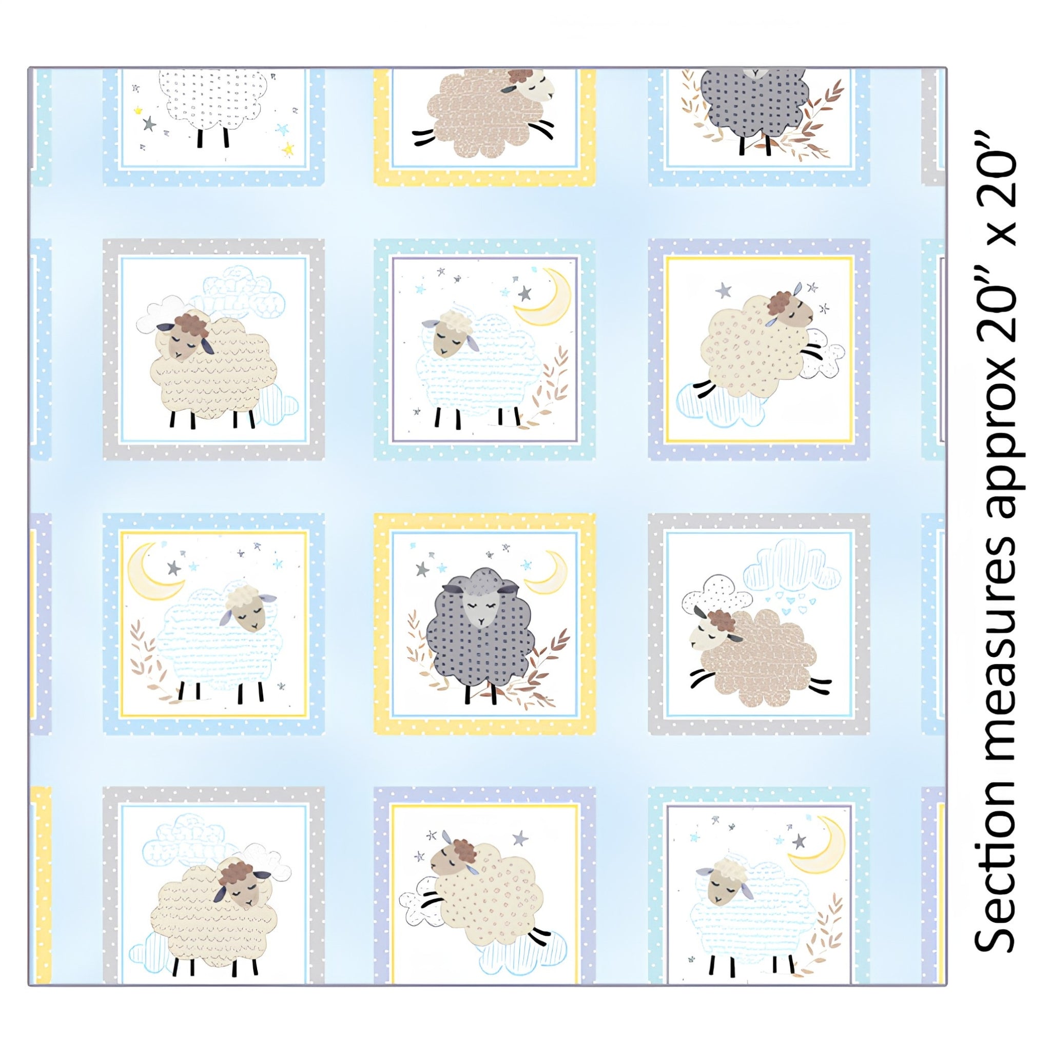 Baby sheep boxes pastel blue yellow grey periwinkle frames baby blue fabric for baby quilts cushions nursery décor and patchwork projects
