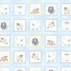 Baby sheep boxes pastel blue yellow grey periwinkle frames baby blue fabric for baby quilts cushions nursery décor and patchwork projects