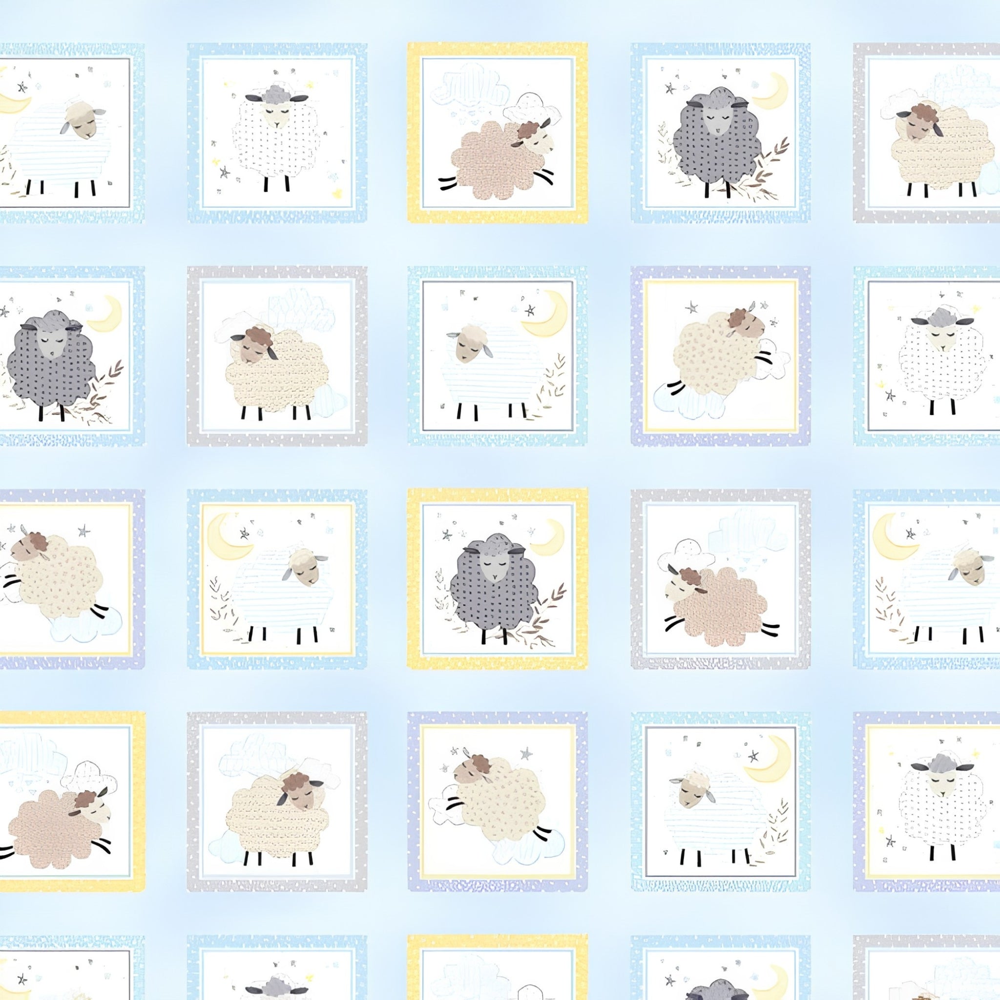 Baby sheep boxes pastel blue yellow grey periwinkle frames baby blue fabric for baby quilts cushions nursery décor and patchwork projects