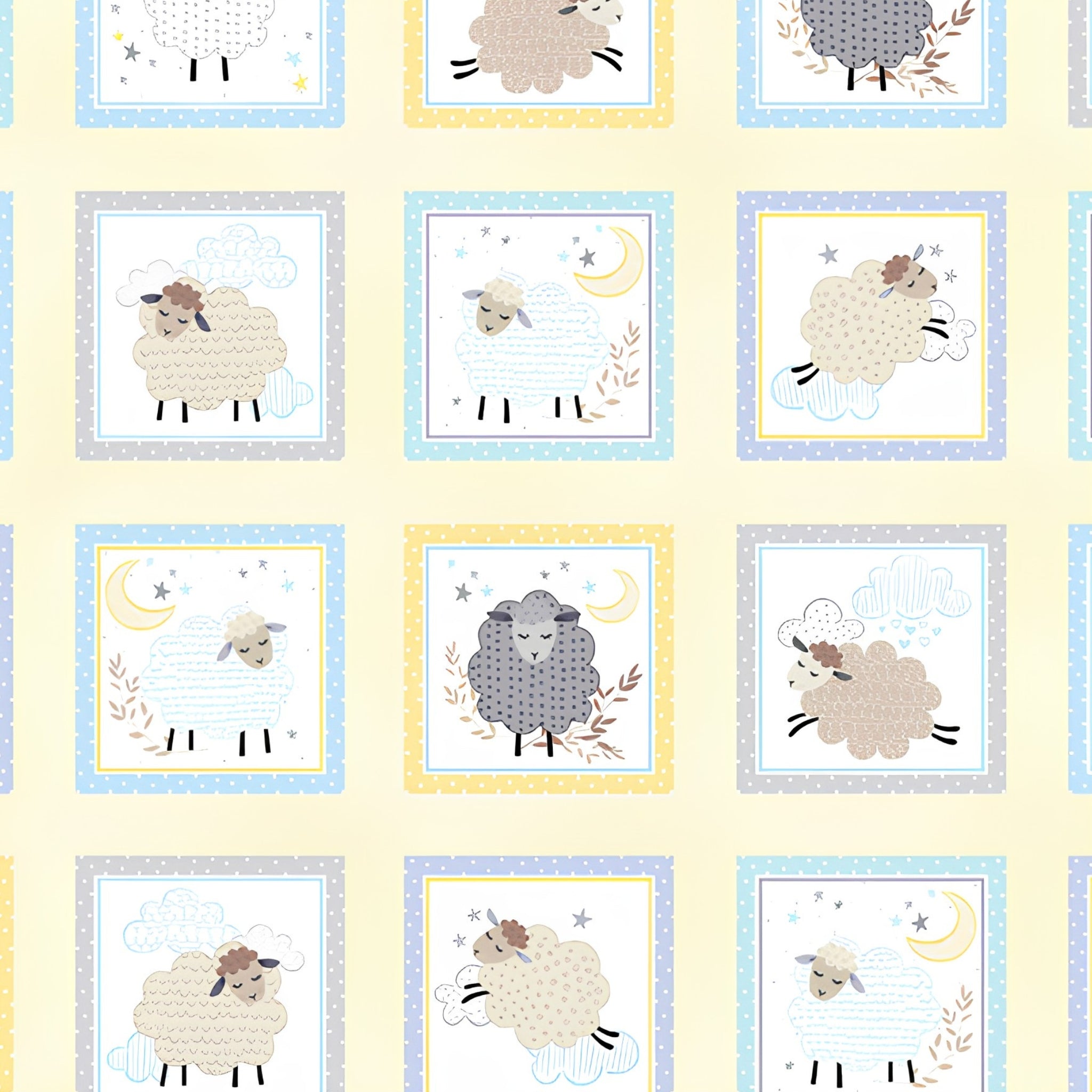 Baby sheep boxes pastel blue yellow grey periwinkle frames buttercream fabric for baby quilts cushions nursery décor and patchwork projects