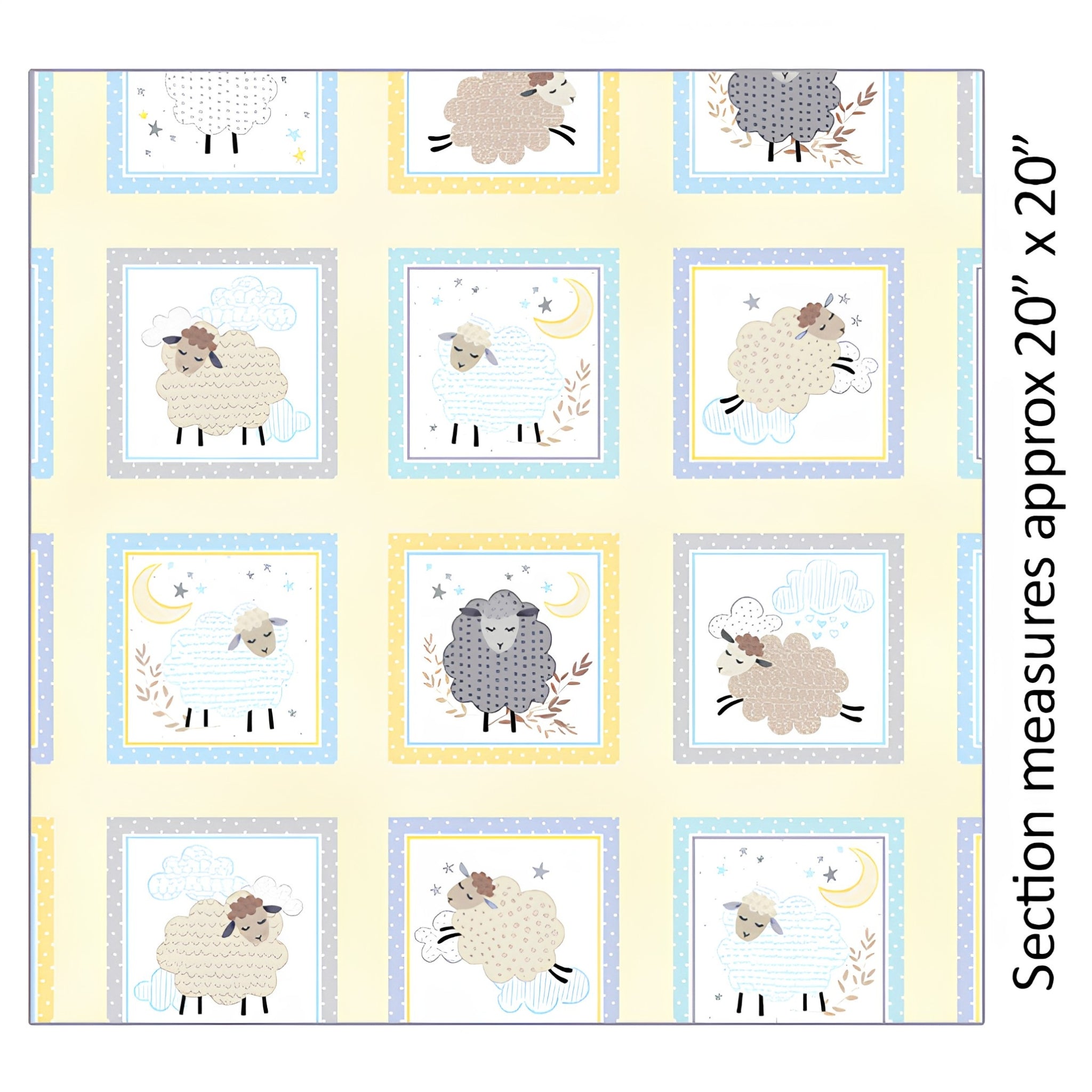 Baby sheep boxes pastel blue yellow grey periwinkle frames buttercream fabric for baby quilts cushions nursery décor and patchwork projects