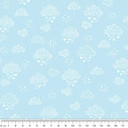 Illustrated white clouds hearts stars baby blue fabric for baby quilts nursery décor and patchwork sewing projects