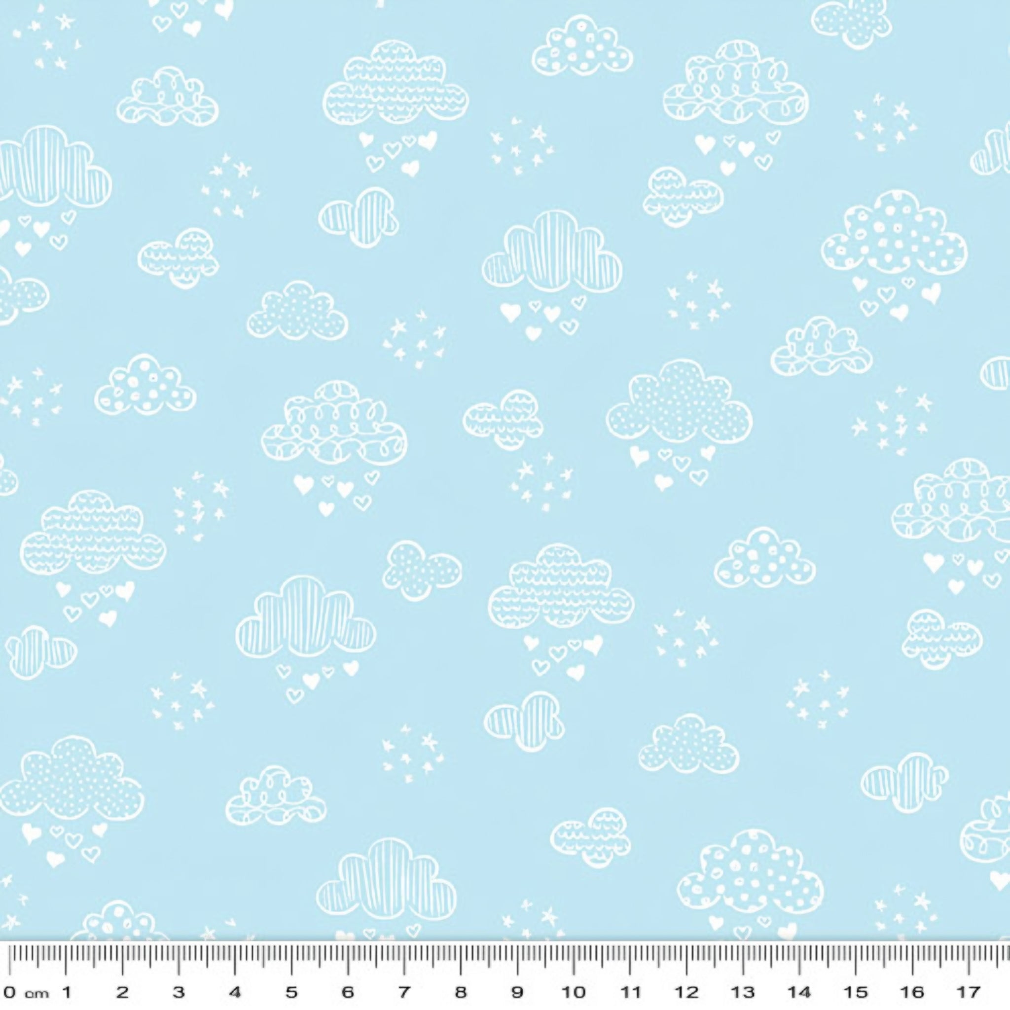 Illustrated white clouds hearts stars baby blue fabric for baby quilts nursery décor and patchwork sewing projects