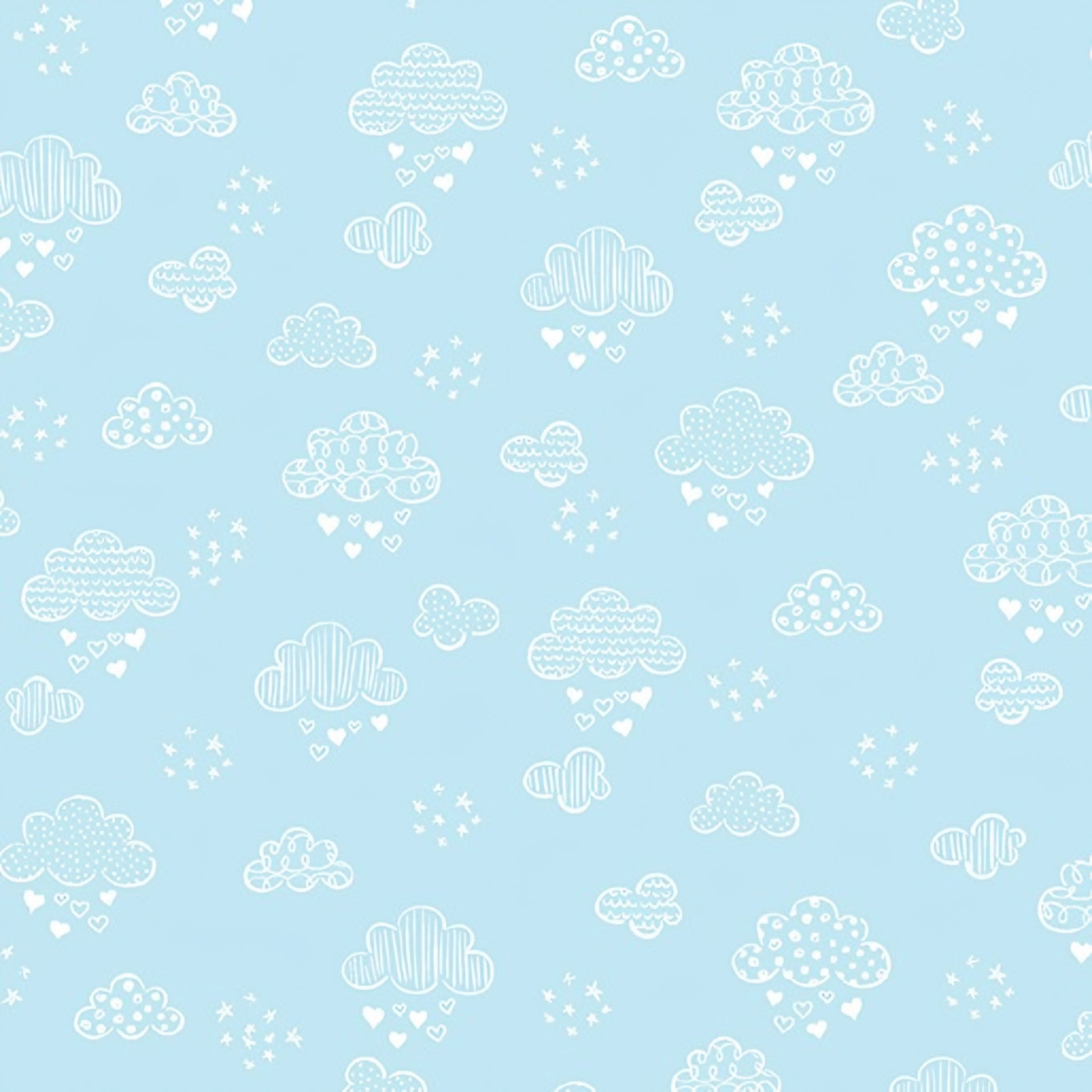 Illustrated white clouds hearts stars baby blue fabric for baby quilts nursery décor and patchwork sewing projects