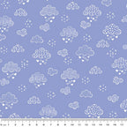 Illustrated white clouds hearts stars periwinkle blue fabric for baby quilts nursery décor and patchwork sewing projects