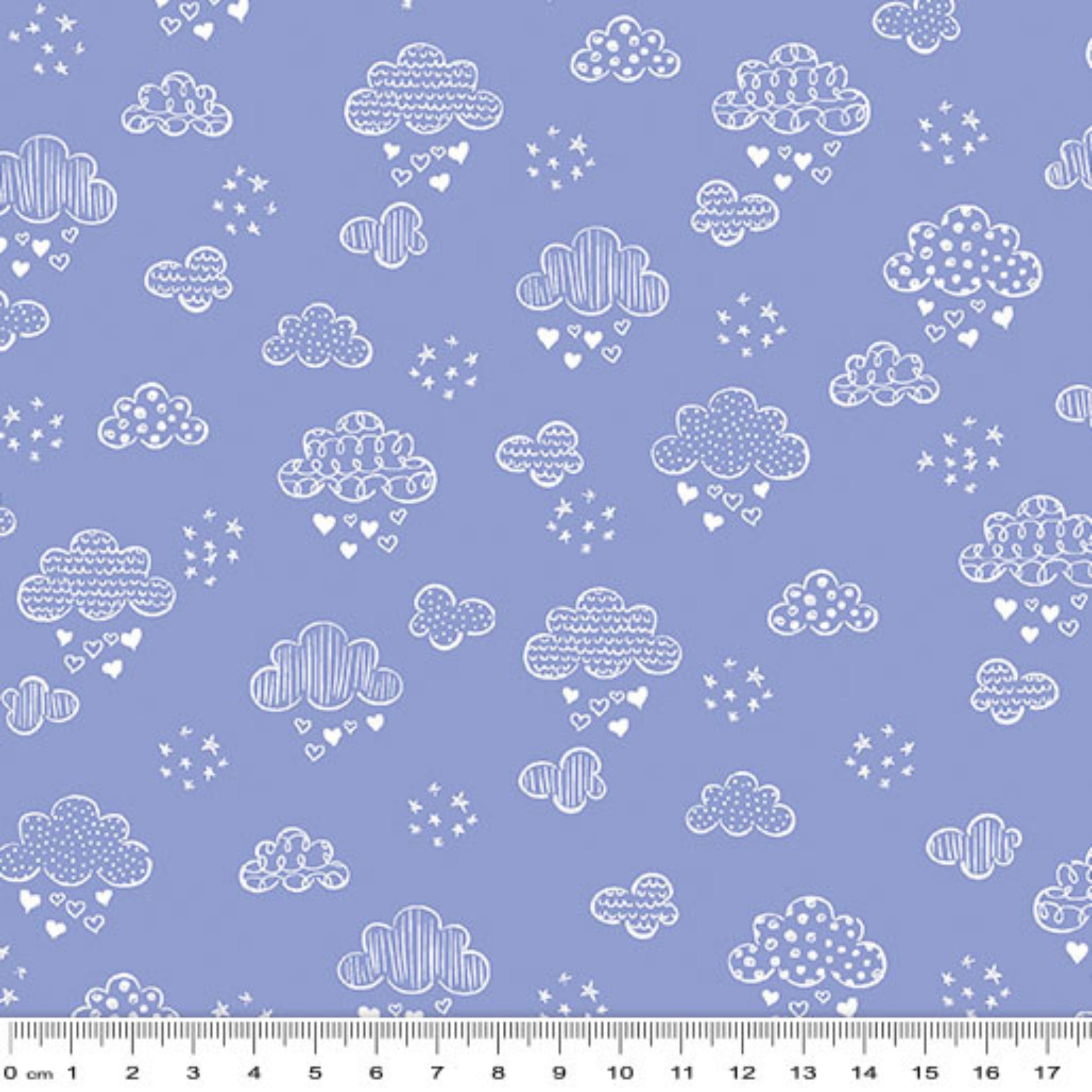 Illustrated white clouds hearts stars periwinkle blue fabric for baby quilts nursery décor and patchwork sewing projects