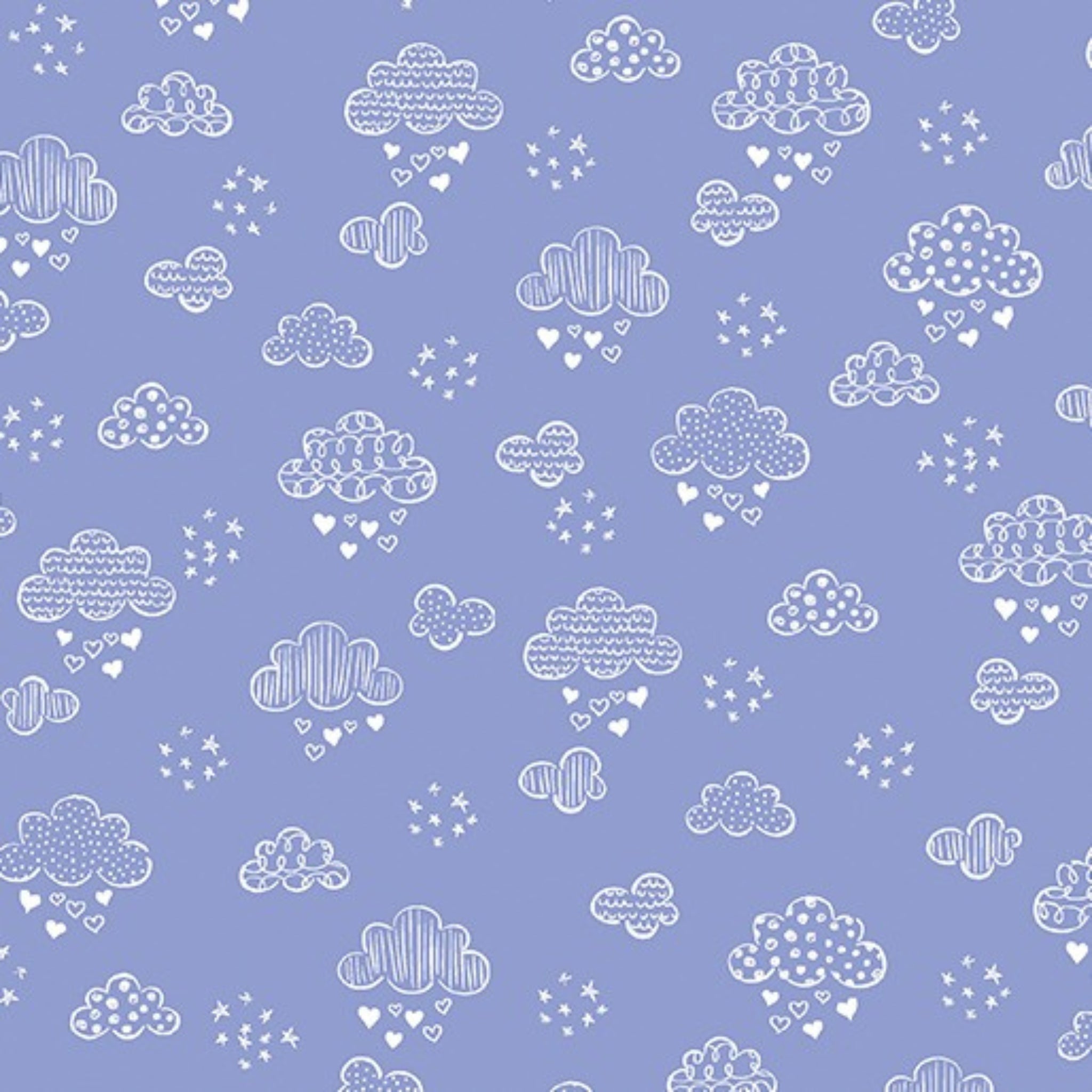 Illustrated white clouds hearts stars periwinkle blue fabric for baby quilts nursery décor and patchwork sewing projects