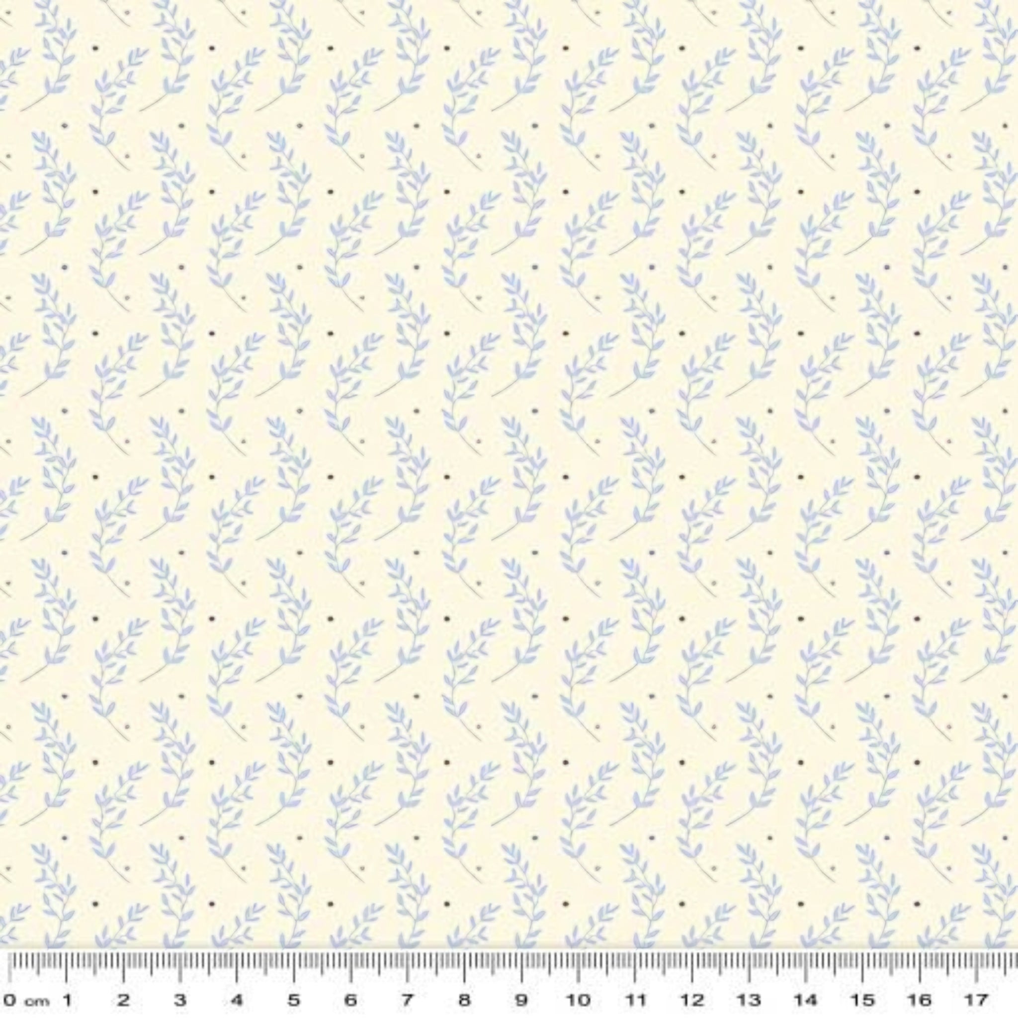 Blue grey leaf sprig buttercream fabric for baby quilts nursery décor sashing and patchwork sewing projects