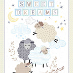 Sweet Dreams baby sheep panel pastel taupe grey white sheep clouds moon stars for baby quilts nursery wall hangings and gifts