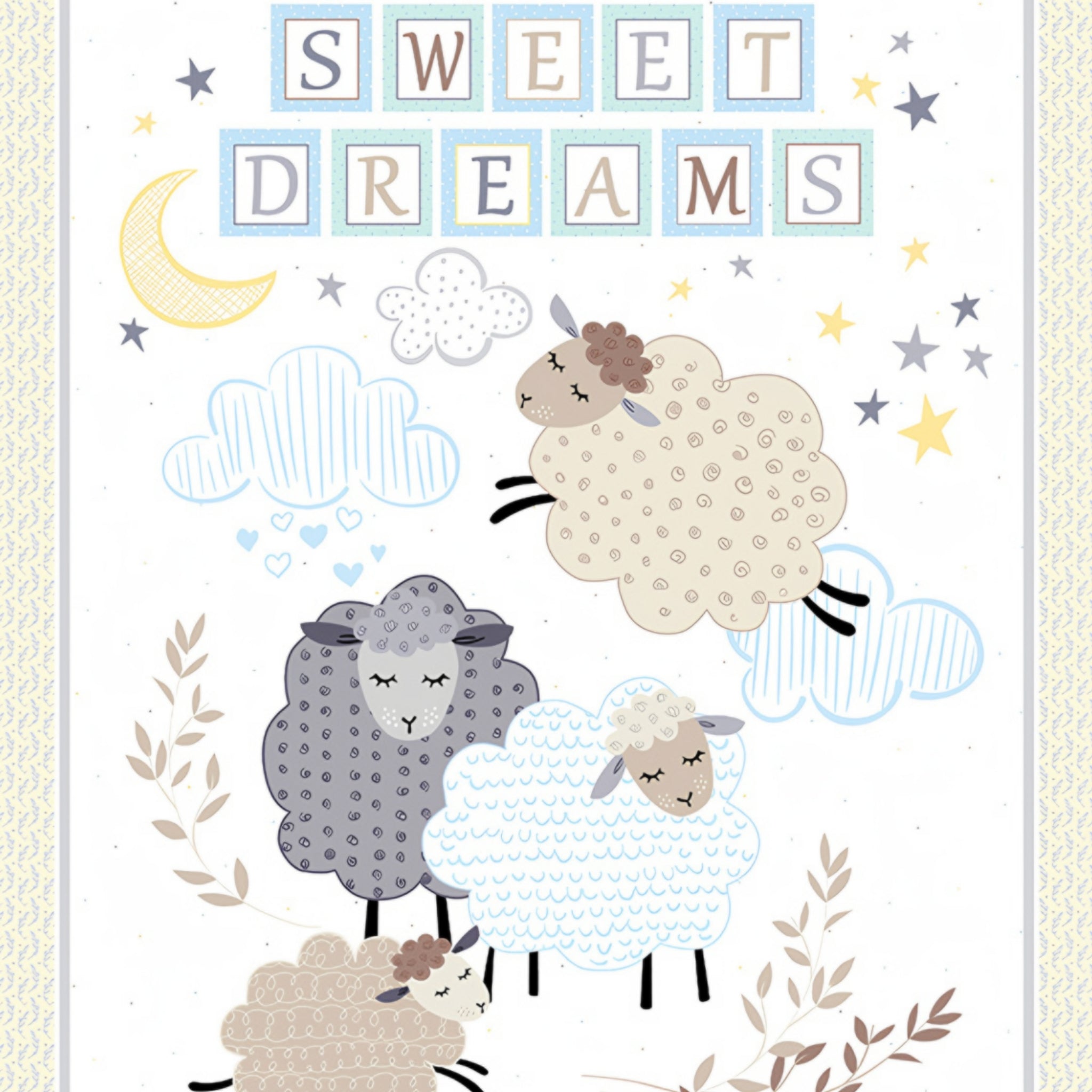 Sweet Dreams baby sheep panel pastel taupe grey white sheep clouds moon stars for baby quilts nursery wall hangings and gifts