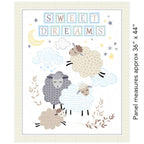 Sweet Dreams baby sheep panel pastel taupe grey white sheep clouds moon stars for baby quilts nursery wall hangings and gifts