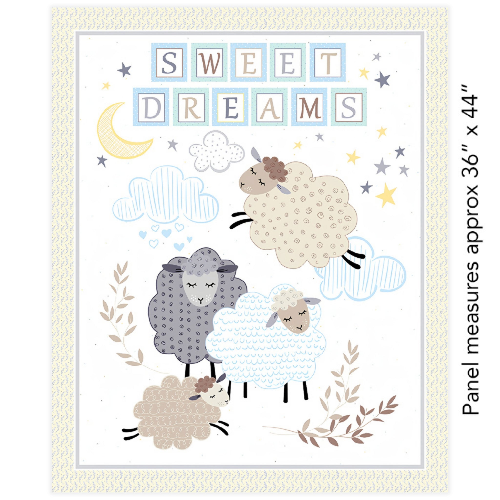 Sweet Dreams baby sheep panel pastel taupe grey white sheep clouds moon stars for baby quilts nursery wall hangings and gifts