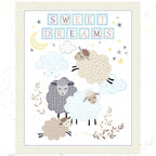Sweet Dreams baby sheep panel pastel taupe grey white sheep clouds moon stars for baby quilts nursery wall hangings and gifts