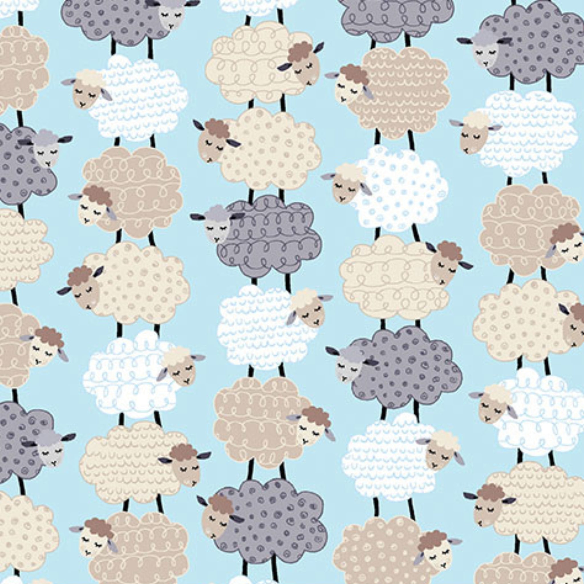 Fluffy stacked white taupe grey sheep varied wool textures aqua fabric for baby quilts nursery décor and patchwork sewing projects