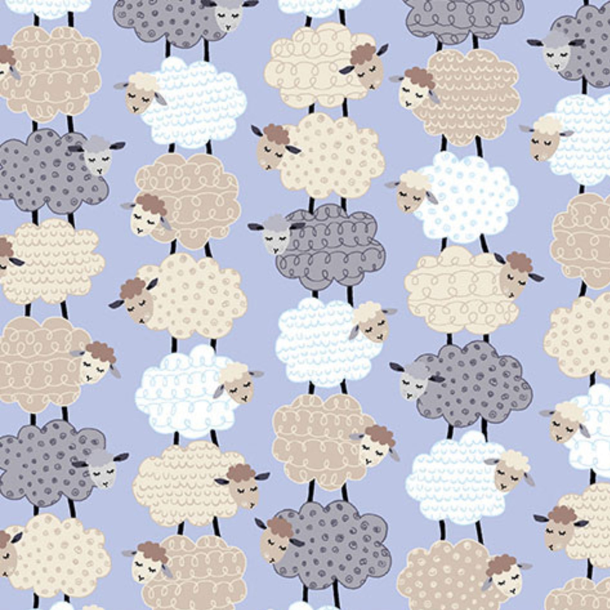 Fluffy stacked white taupe grey sheep varied wool textures periwinkle fabric for baby quilts nursery décor and patchwork sewing projects