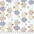 Fluffy stacked taupe grey blue sheep varied wool textures white fabric for baby quilts nursery décor and patchwork sewing projects