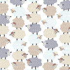 Fluffy stacked taupe grey blue sheep varied wool textures white fabric for baby quilts nursery décor and patchwork sewing projects